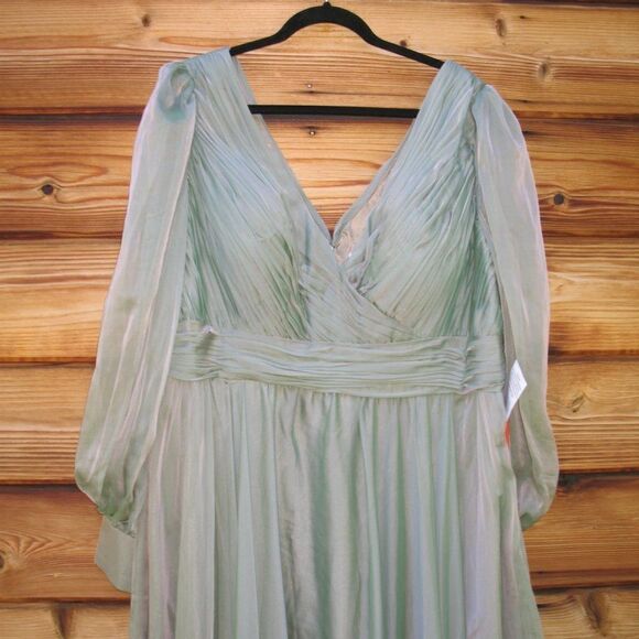 NWT Mac Duggal 67864 Long Sleeve Satin Chiffon Tiered Gown Dress Sage Green - Picture 7 of 15